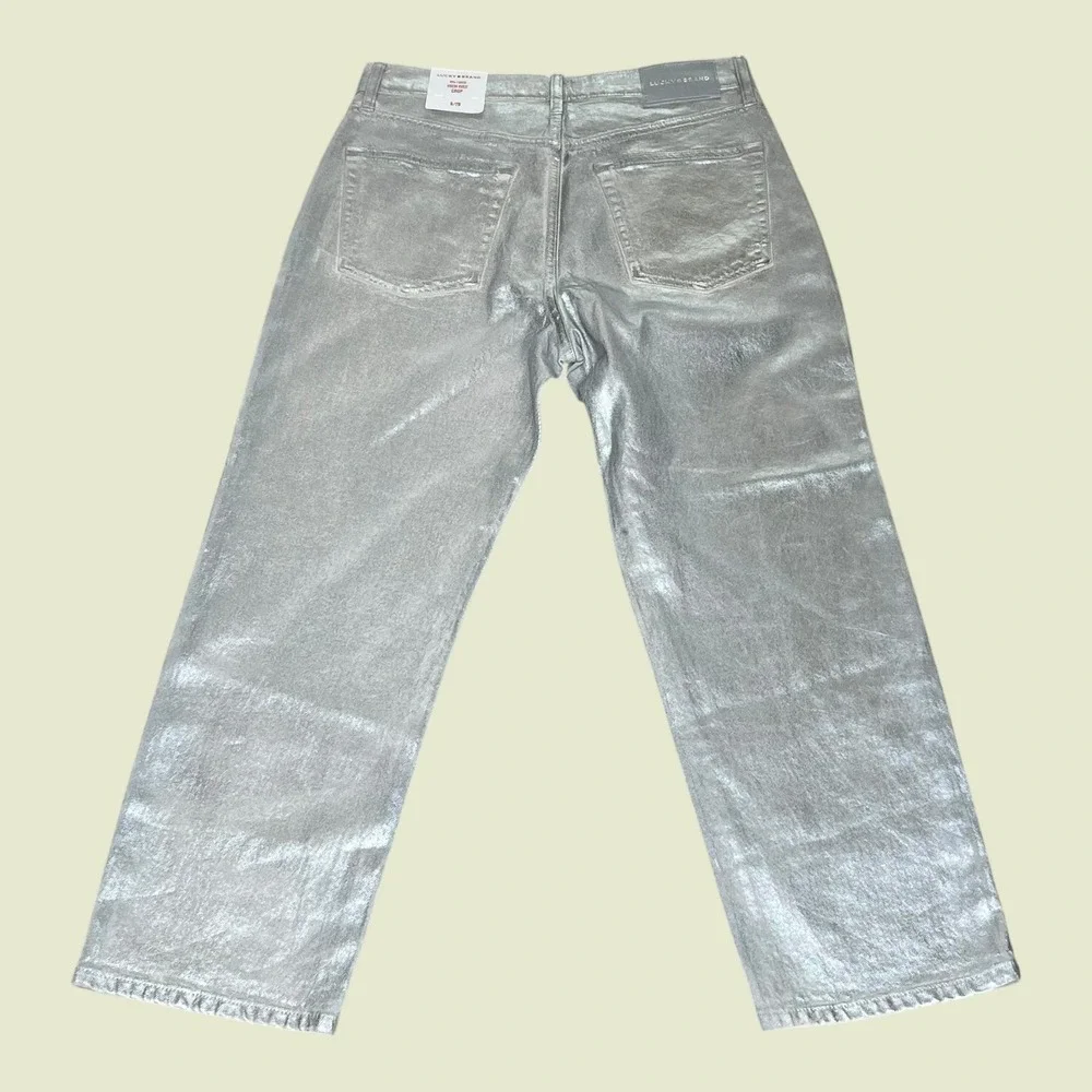 NEW Lucky Brand 90s Loose High Rise Crop Metallic Silver‎ Stretch Jeans 6/28